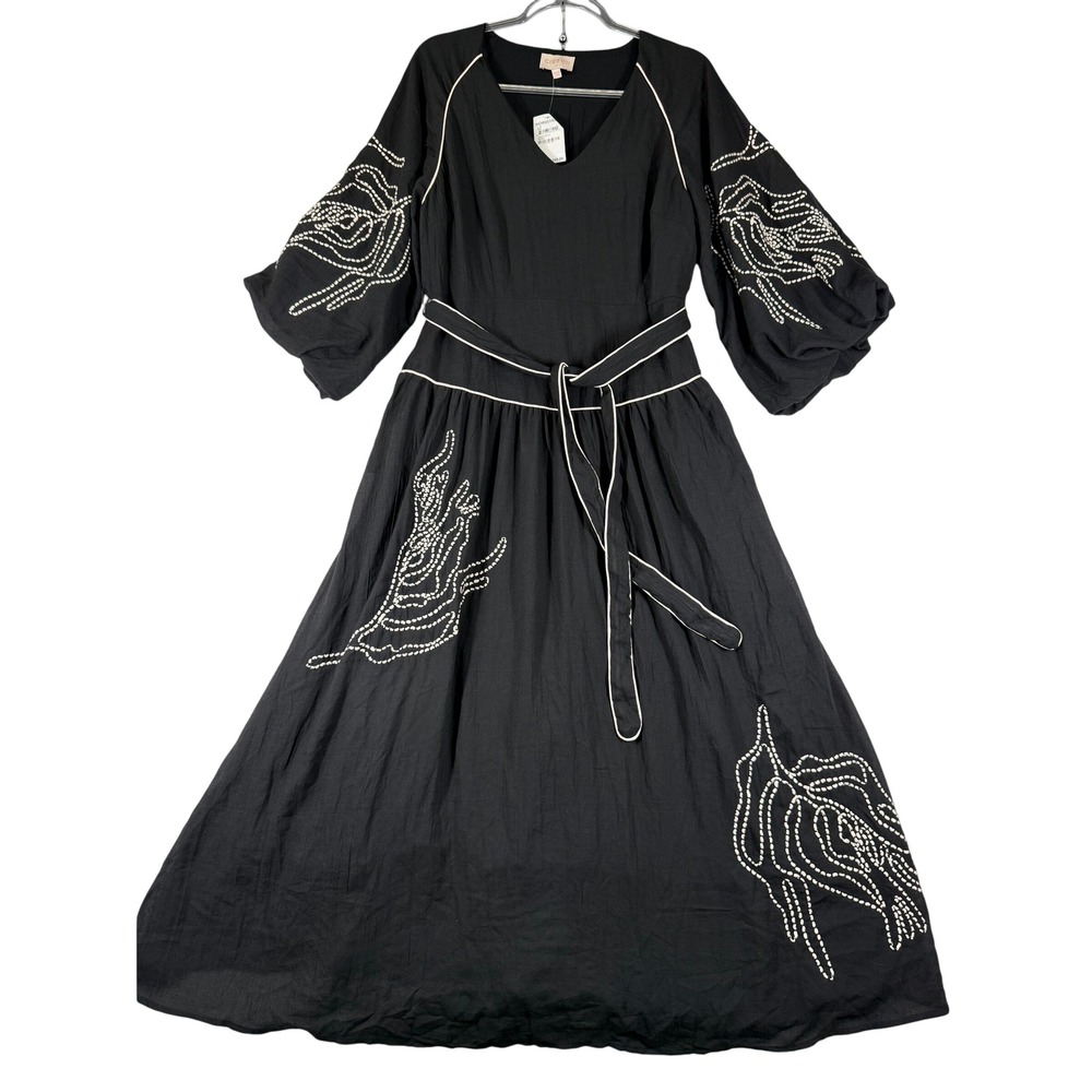 CIEBON Black Embroidered V-Neck Midi Dress Balloon Sleeve NWT L D6009-R2519